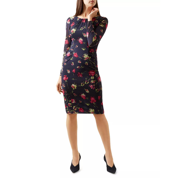Hobbs London Rori Printed Silk Blend Bodycon Dress Sheer Long Sleeve Floral US 8